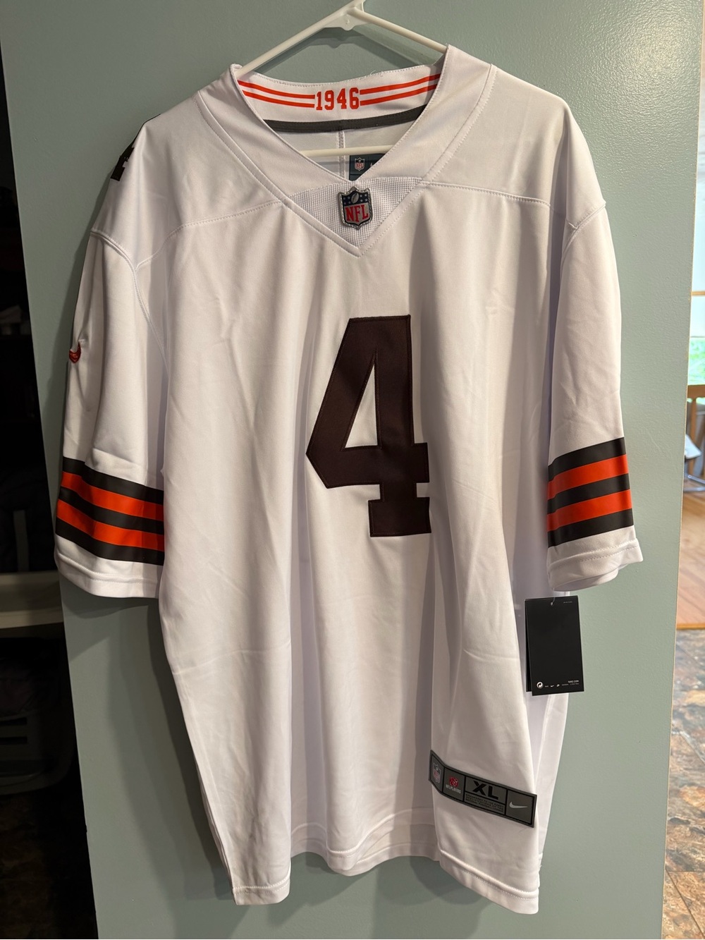Nike White Cleveland Browns #4 Football Jersey with Brown and Orange Stripes
